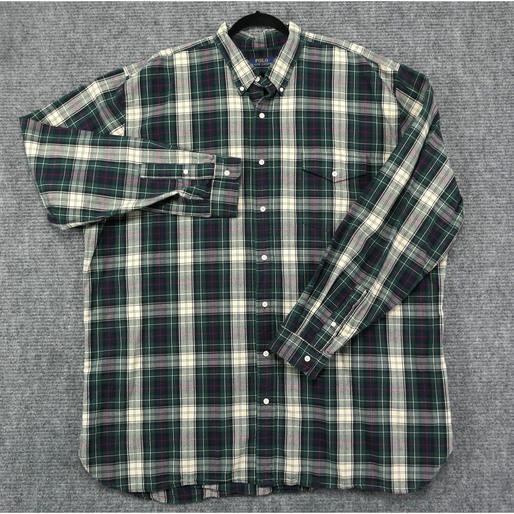 Polo Ralph Lauren 3XLT Flannel Mid-weight Green Navy Plaid Button Down Shirt L/S